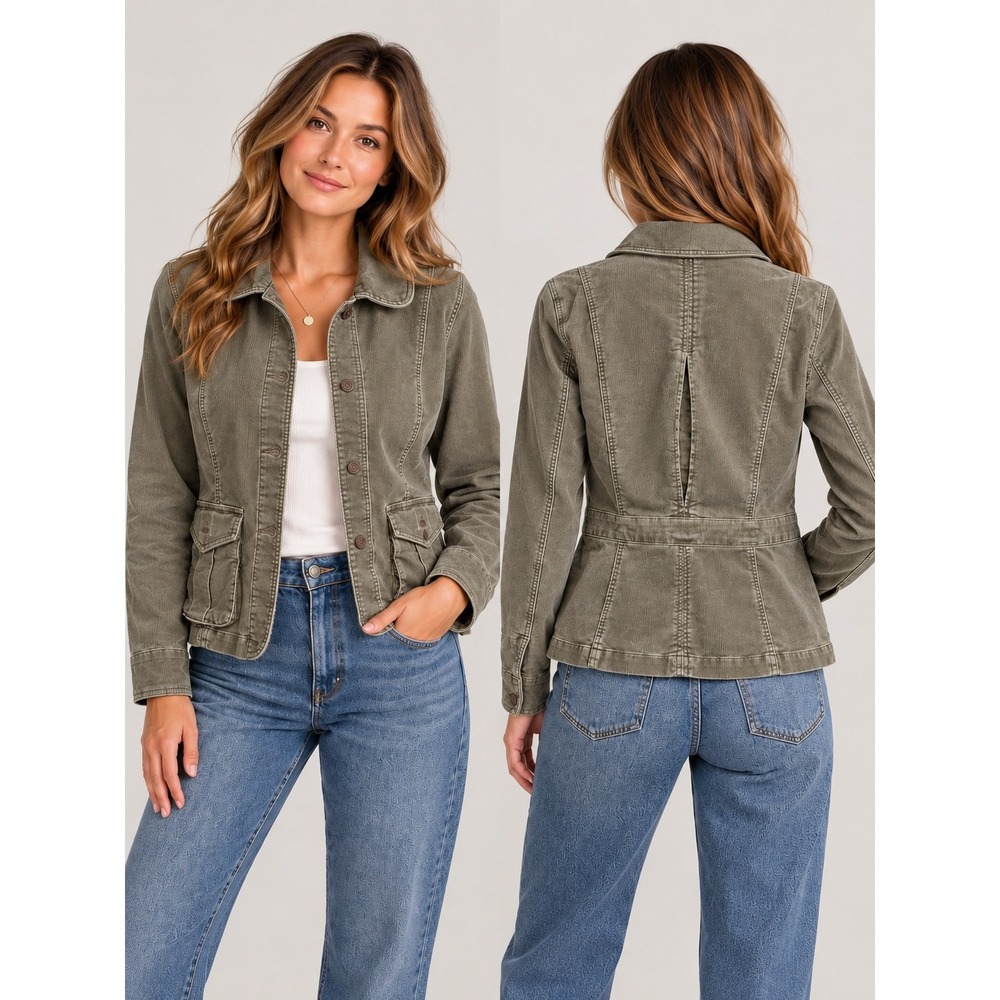 Eddie Bauer Corduroy Jacket Women Size M Green Utility Safari Barn Chore Coat